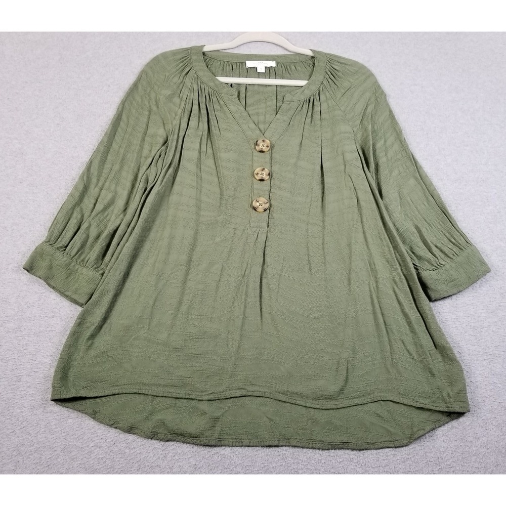 New Directions Blouse Womens Small S Green Henley 3/4 Sleeves Texture Tunic Top